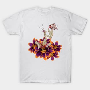 Original White and purple Praying Mantis on orange and Purple Tulips sipping on some Tea. T-Shirt